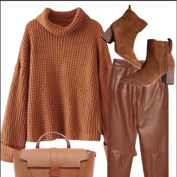 Goodnight Macaroon Retta Cognac Crop Waffle Knit Oversized Sweater OS Cabincore - Picture 1 of 14